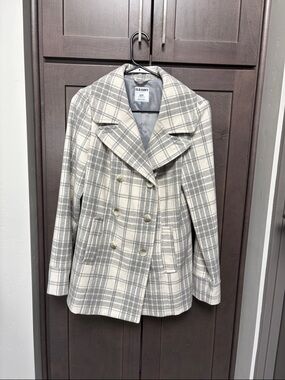 Old Navy Cream & Gray Plaid Double-Breasted Peacoat
